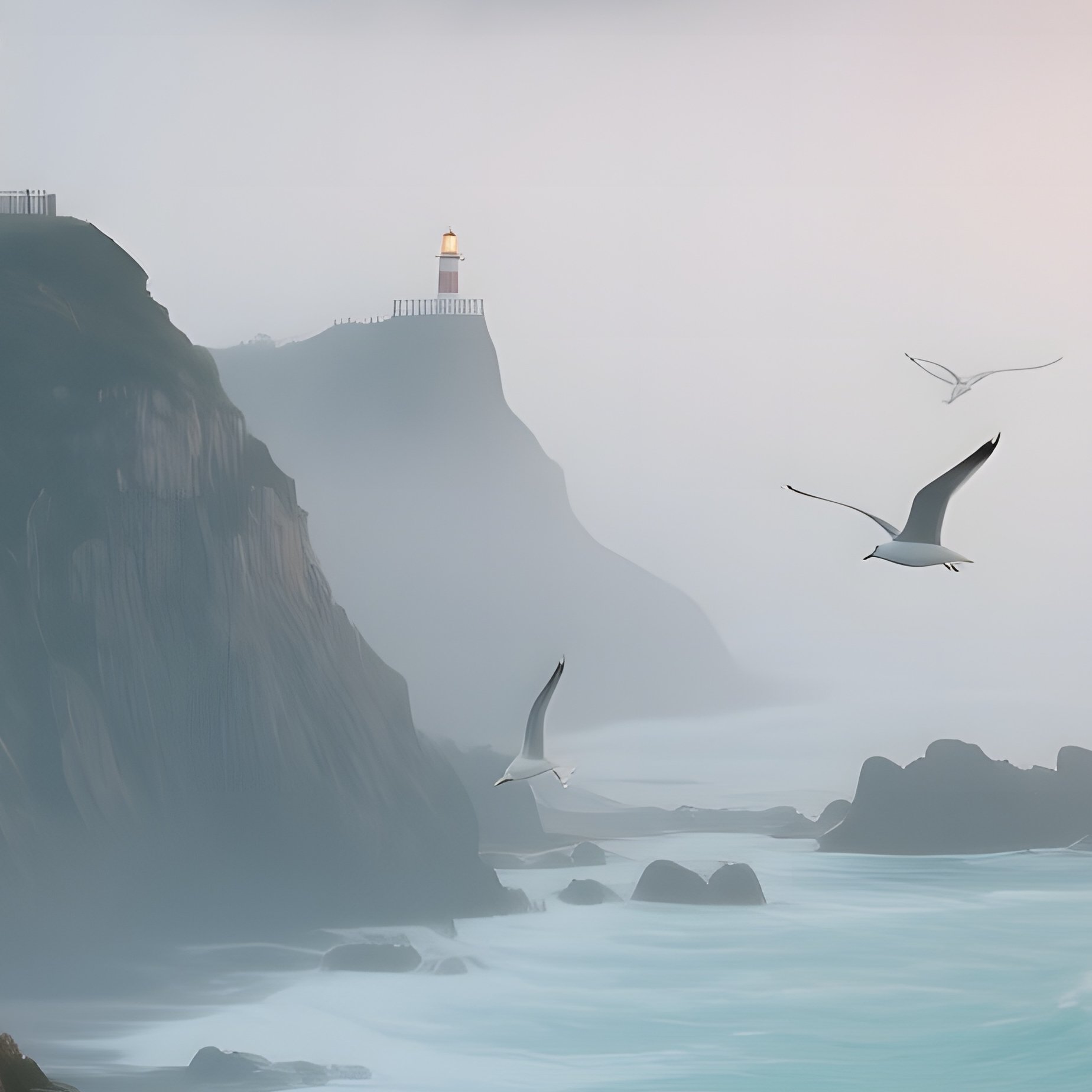 A Misty Sunrise Over A Korean Peninsula Coastline, Cliffs Dotted With Lighthouse Beacons, Gulls - Full Resolution Quality Preview