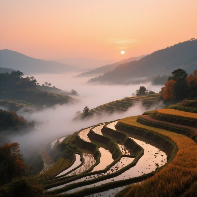 A Misty Sunrise Over A Rice Terrace In Early Autumn, Terraces Layered Like Steps, Steam Rising From