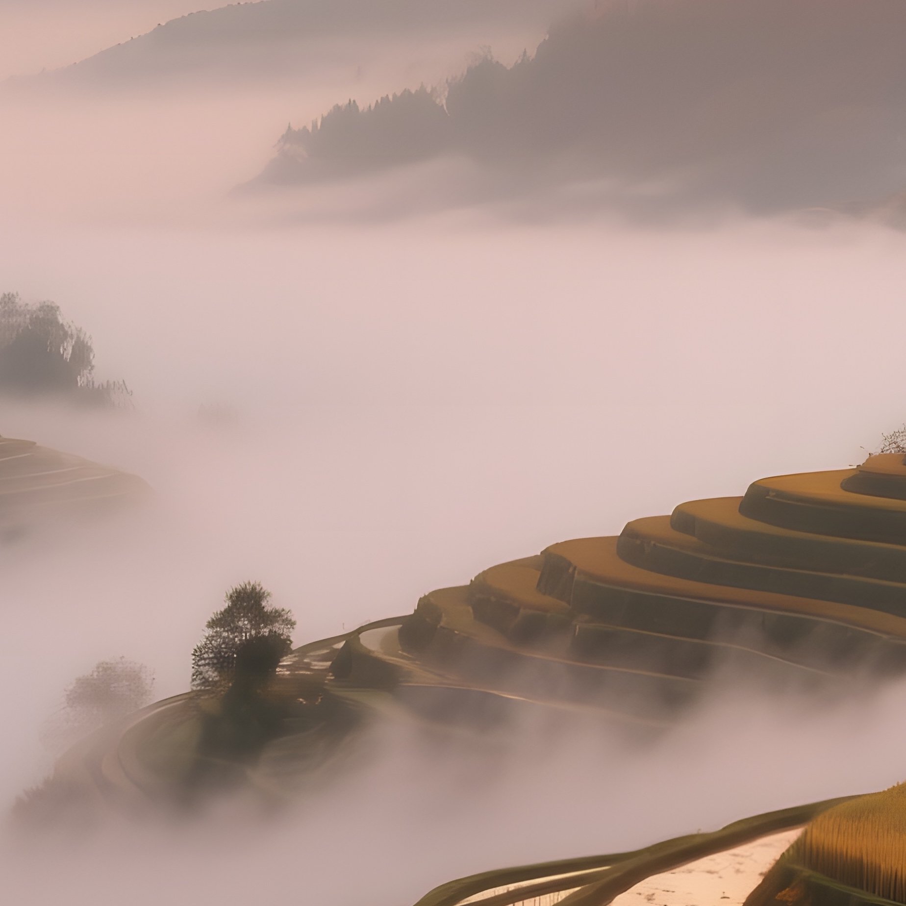 A Misty Sunrise Over A Rice Terrace In Early Autumn, Terraces Layered Like Steps, Steam Rising From - Full Resolution Quality Preview