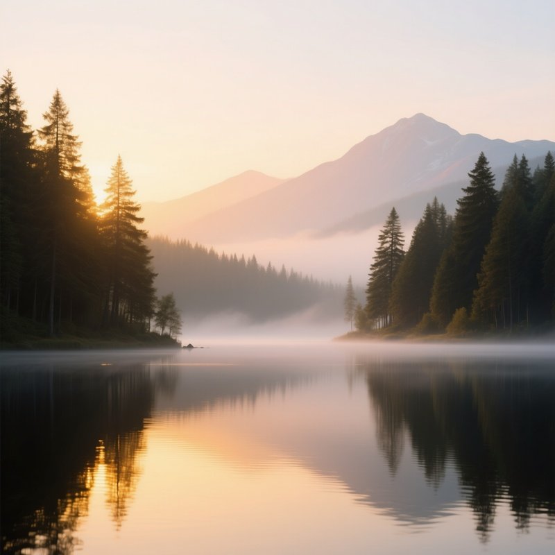 A Misty Sunrise Over A Tranquil Lake Surrounded By Pine Forests, With Golden Light Reflecting Off