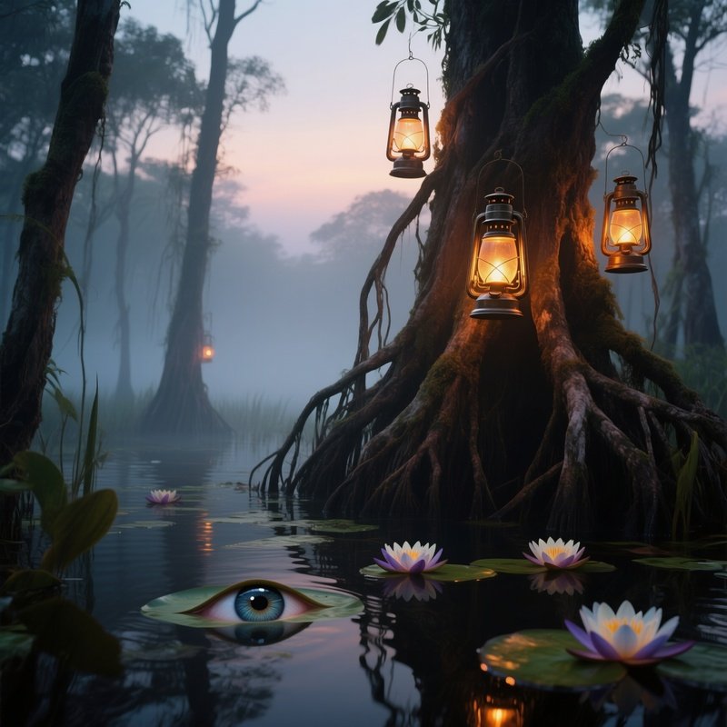 A Misty Swamp At Dusk, Towering Mangrove Roots Entwined With Antique Lanterns Casting Amber Glows