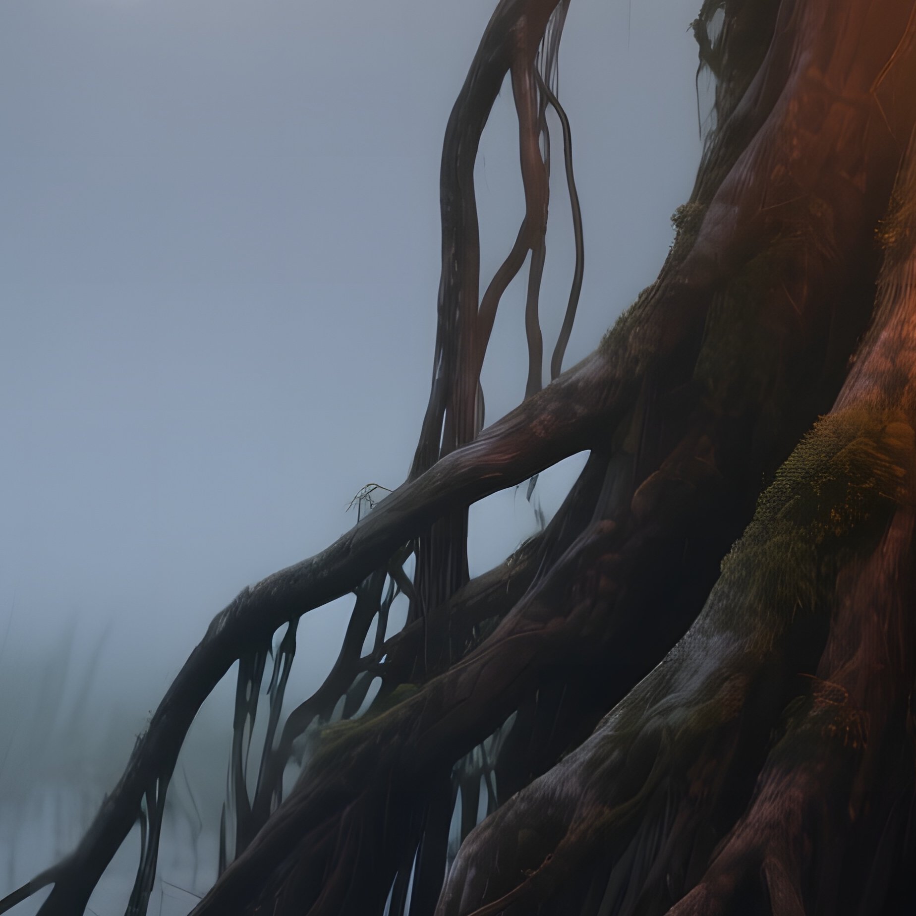 A Misty Swamp At Dusk, Towering Mangrove Roots Entwined With Antique Lanterns Casting Amber Glows - Full Resolution Quality Preview