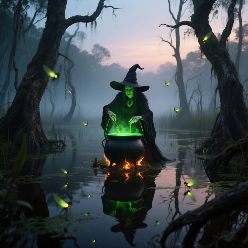 A Misty Swamp At Twilight Where The Witch Stirs A Cauldron Of Glowing Green Liquid, Fireflies