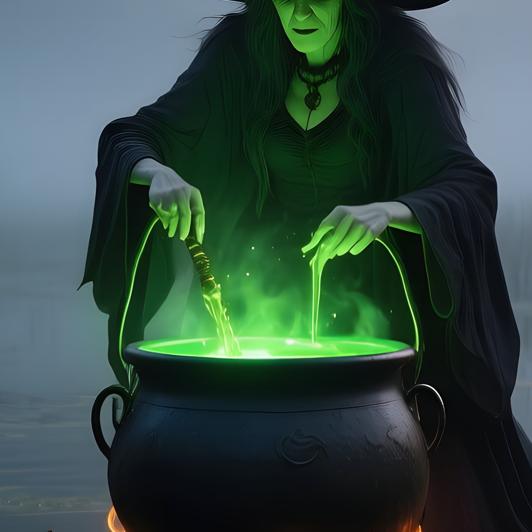 A Misty Swamp At Twilight Where The Witch Stirs A Cauldron Of Glowing Green Liquid, Fireflies - Full Resolution Quality Preview
