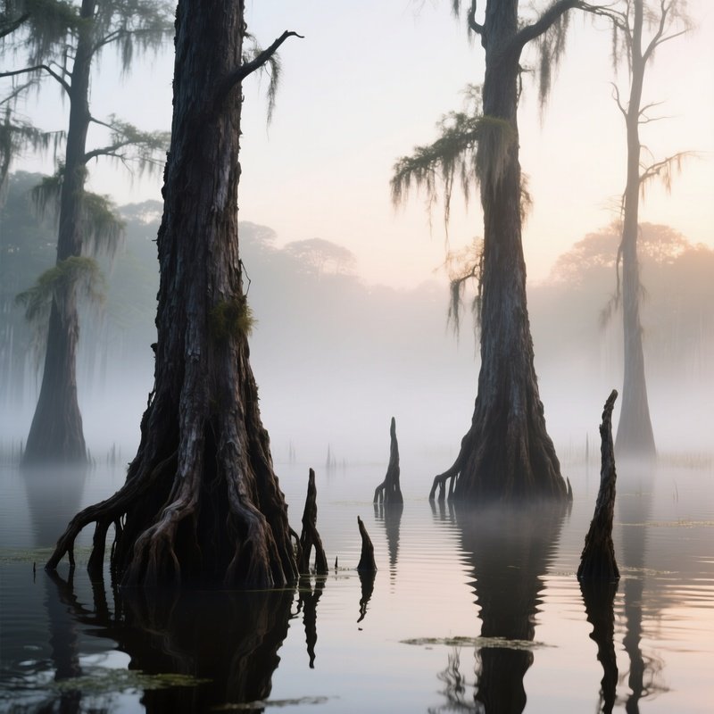 A Misty Swamp Scene Where Gnarled Cypress Knees Rise From Water, Their Bark Dark And Textured