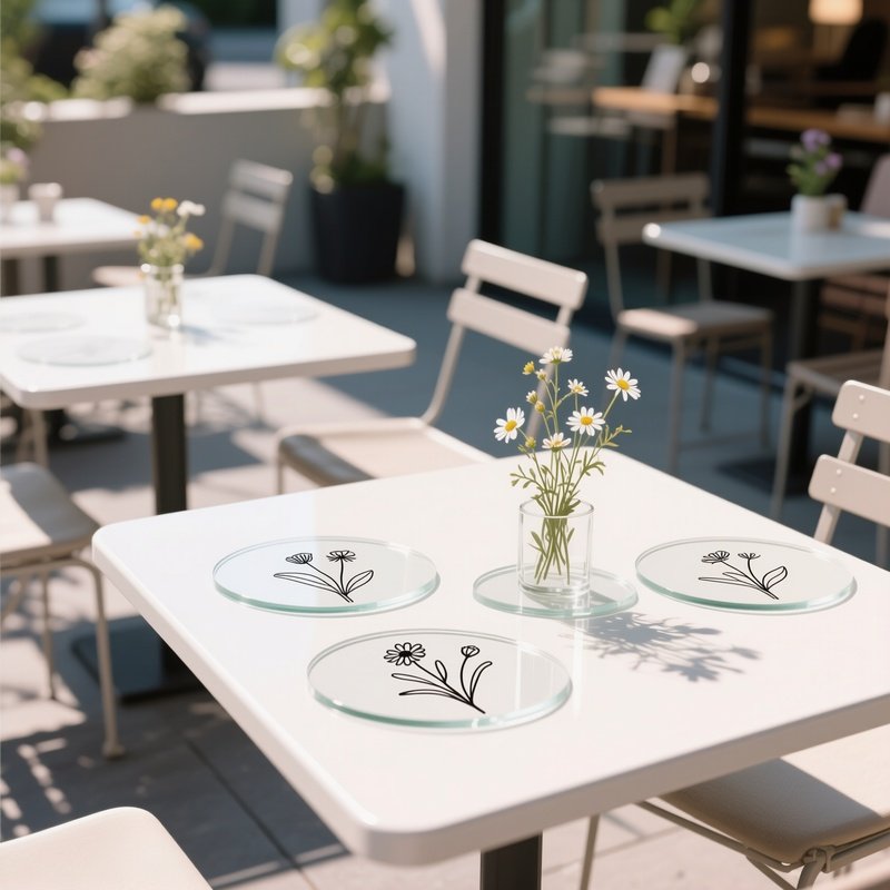A Modern Art Café Patio, Tables Topped With Clear Glass Coasters Printed With Minimalist Line