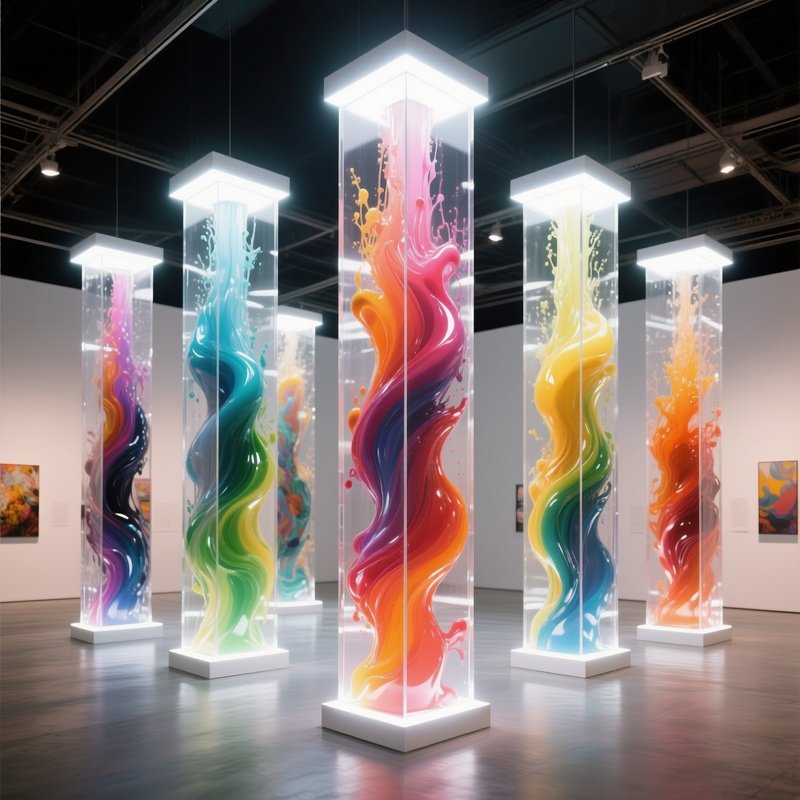 A Modern Art Fair Pavilion With Towering Acrylic Columns Filled With Swirling Pigment Liquids,