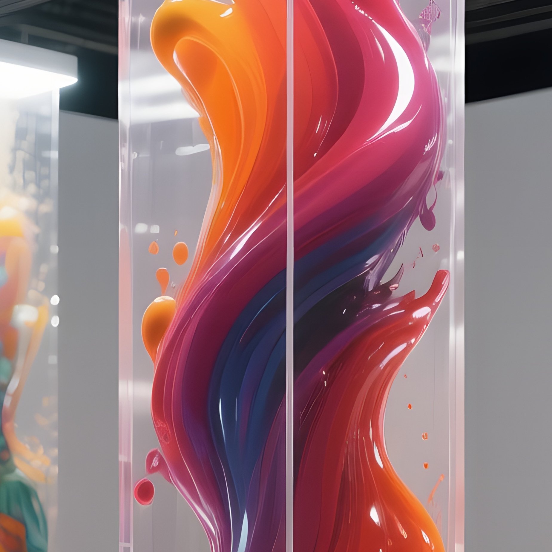 A Modern Art Fair Pavilion With Towering Acrylic Columns Filled With Swirling Pigment Liquids, - Full Resolution Quality Preview