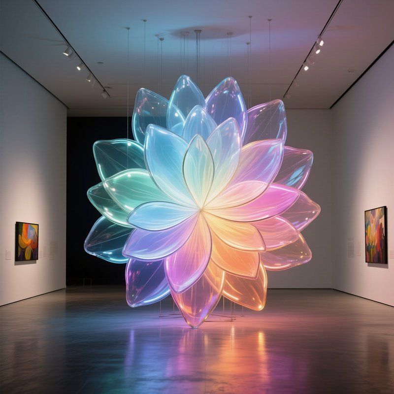 A Modern Art Gallery With A Floor‑To‑Ceiling Installation Of Overlapping Glass Petals, Each Layer