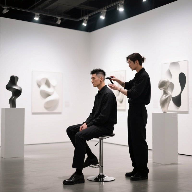A Modern Art Gallery With White Walls And Abstract Sculptures; A Curator Sits On A Sleek Stool