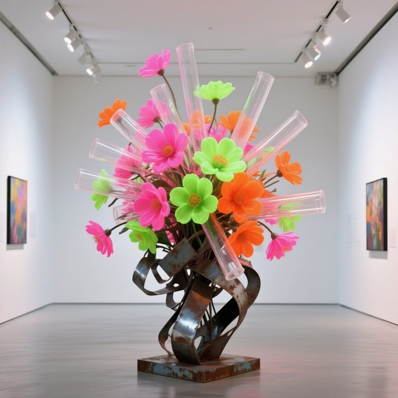 A Modern Art Gallery With White Walls And Spotlights, An Abstract Sculpture Made Of Reclaimed Metal