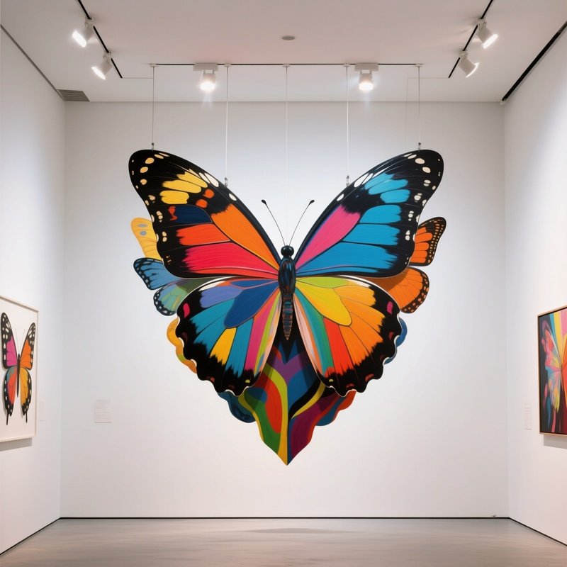 A Modern Art Gallery With White Walls, Where Abstract Painted Butterflies In Bold Primary Colors