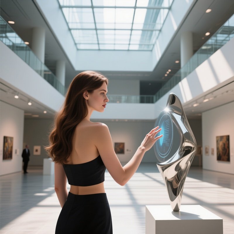 A Modern Art Museum Atrium With Glass Ceilings, A Poised Curator With Long Brunette Hair Examines
