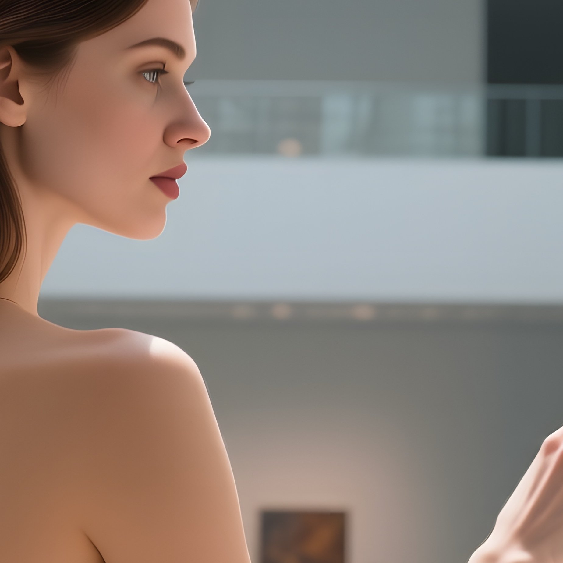 A Modern Art Museum Atrium With Glass Ceilings, A Poised Curator With Long Brunette Hair Examines - Full Resolution Quality Preview