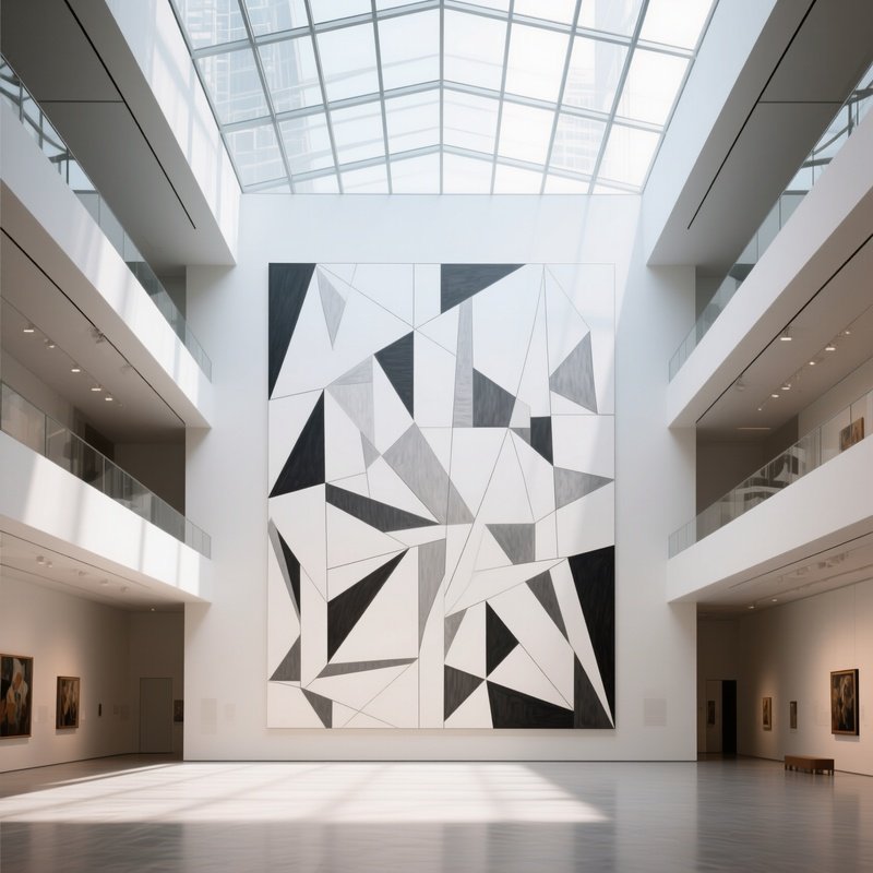 A Modern Art Museum Atrium With Soaring Glass Ceilings, Natural Light Streaming Onto A Massive