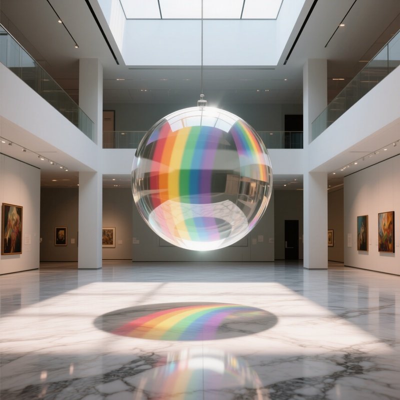 A Modern Art Museum Lobby With A Suspended Glass Sphere That Refracts Daylight Into Rainbow