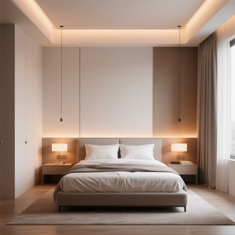 A Modern Bedroom With Clean Lines And Warm Lighting