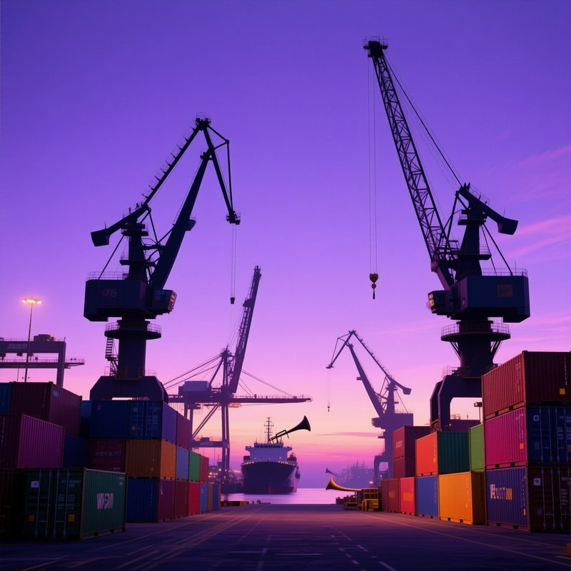 A Modern Cargo Port At Dusk, Towering Cranes Silhouetted Against A Violet Sky, Containers Stacked