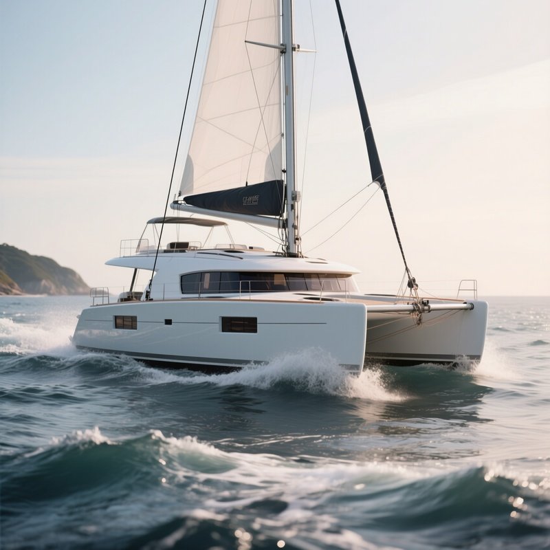A Modern Catamaran Yacht Cutting Through Gentle Coastal Waves