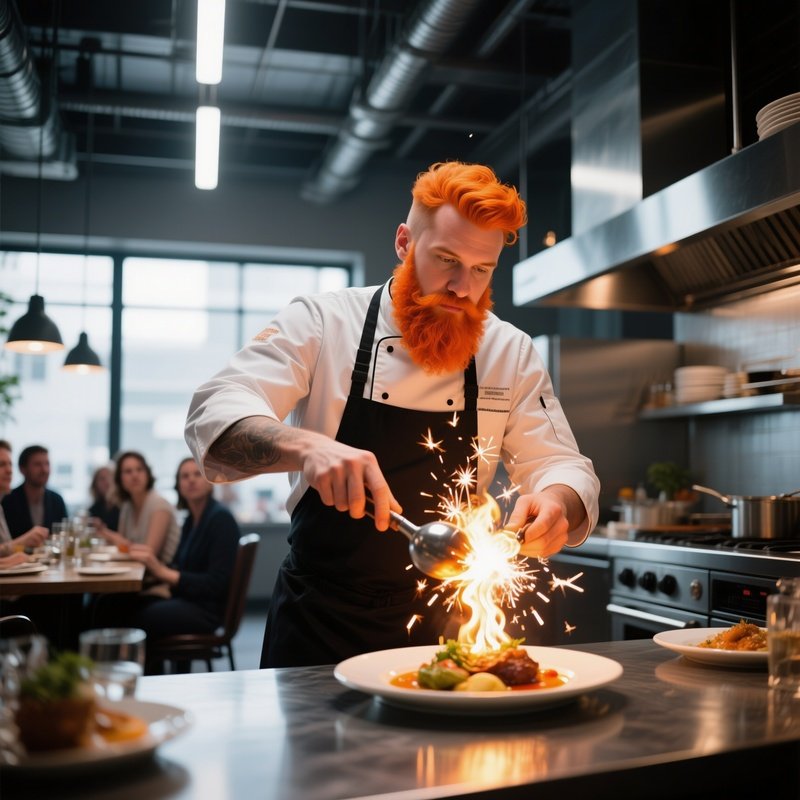 A Modern Chef In An Open‑Kitchen Restaurant Flambés A Dish, His Fiery Orange Beard Catching Sparks