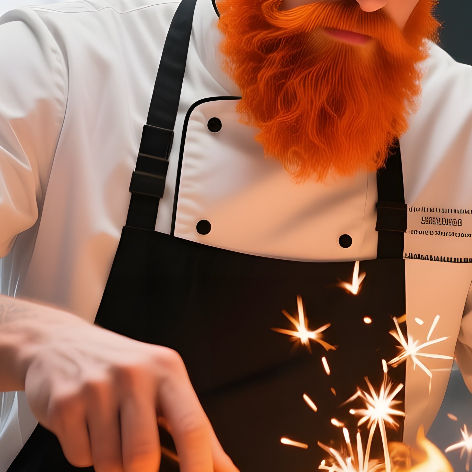 A Modern Chef In An Open‑Kitchen Restaurant Flambés A Dish, His Fiery Orange Beard Catching Sparks - Full Resolution Quality Preview