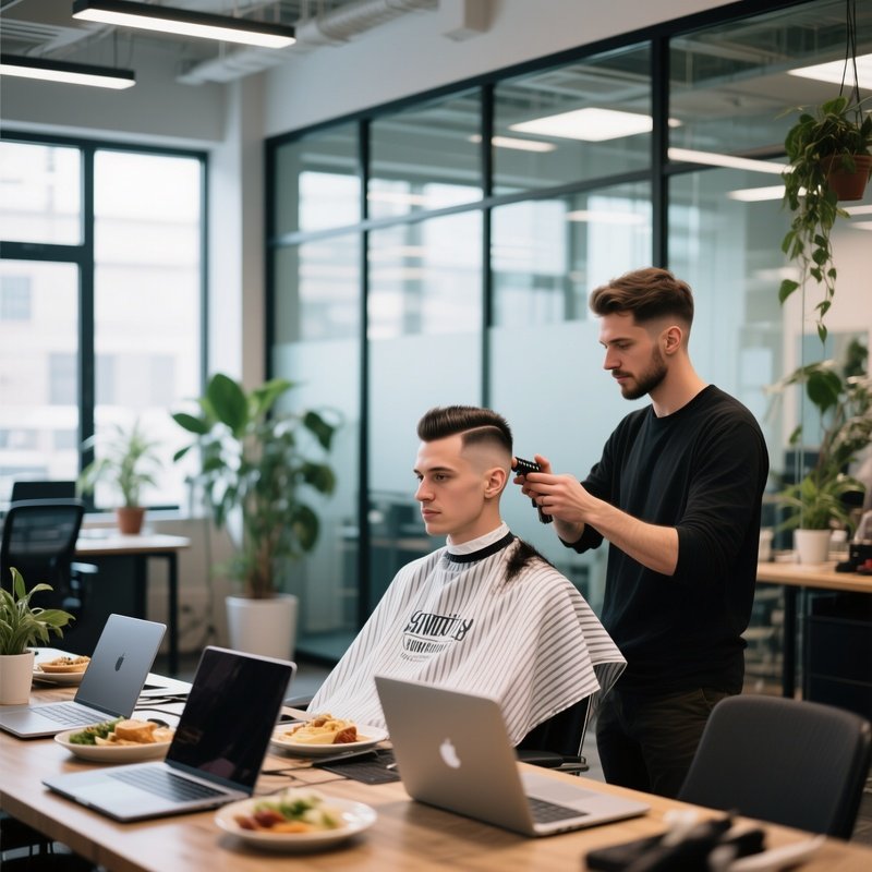 A Modern Coworking Space With Glass Walls And Plants; A Freelancer Gets A Stylish Undercut From A