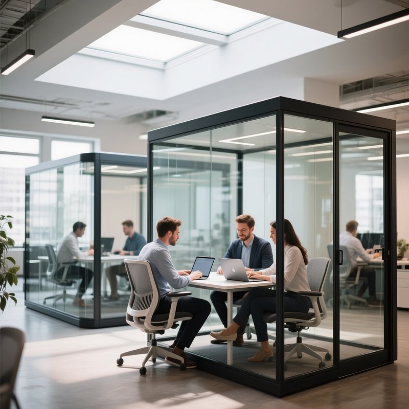 A Modern Coworking Space With Modular Glass Pods, Ergonomic Chairs, Abundant Natural Light From