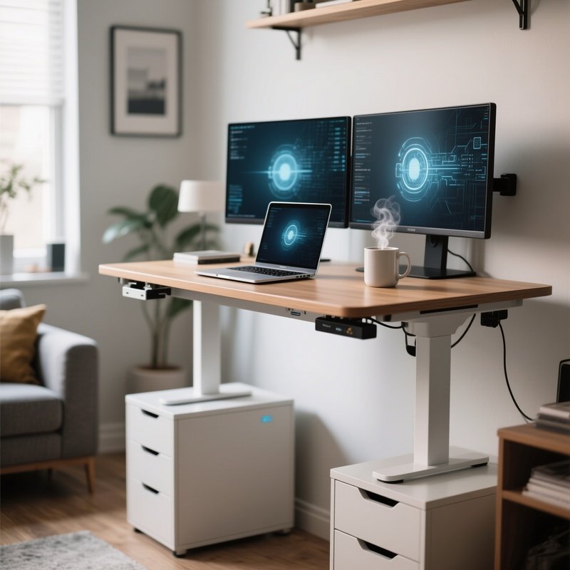 A Modern Electric Standing Desk Raised To Standing Height, Holding A Laptop, Dual Monitors, And A Steaming Coffee Mug In A Home Office.