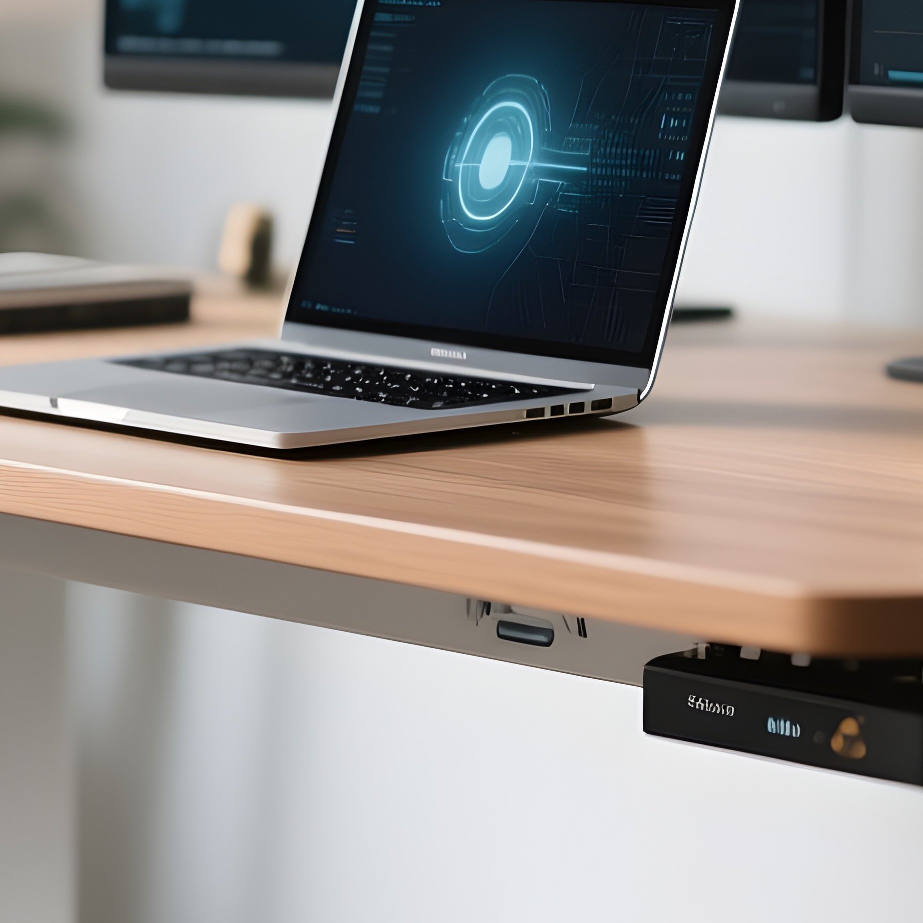 A Modern Electric Standing Desk Raised To Standing Height, Holding A Laptop, Dual Monitors, And A Steaming Coffee Mug In A Home Office. - Full Resolution Quality Preview