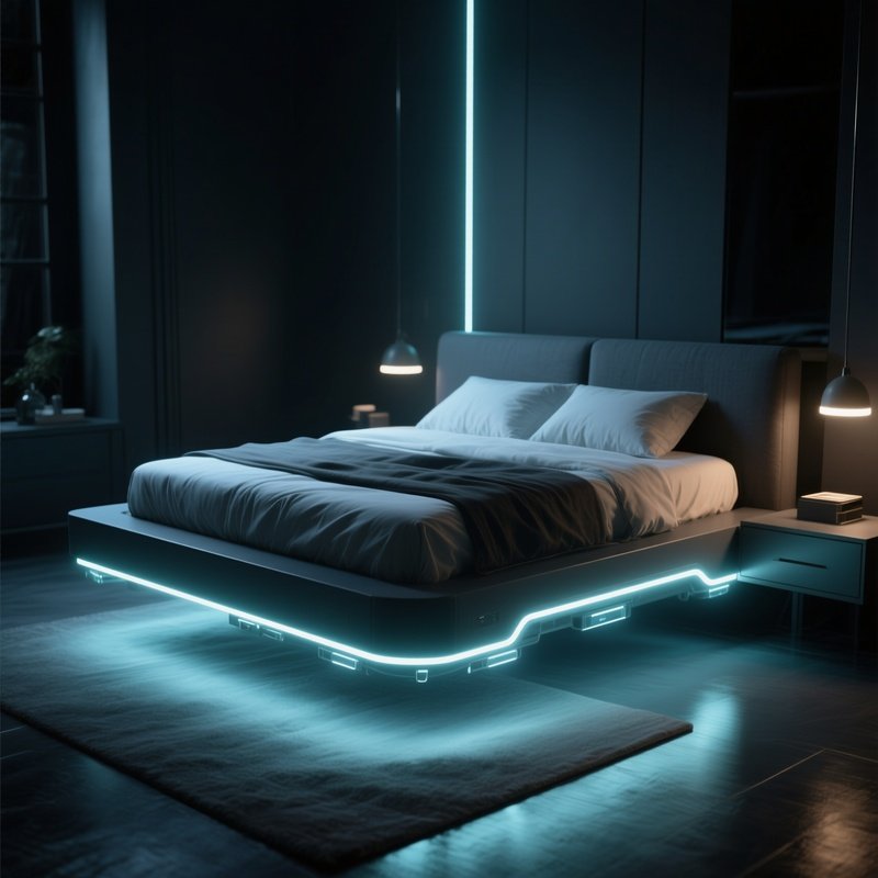 A Modern Floating Bed Frame Equipped With Under Bed Led Lighting, Creating A Futuristic Hovering Effect In A Dark Themed, Moody Bedroom.