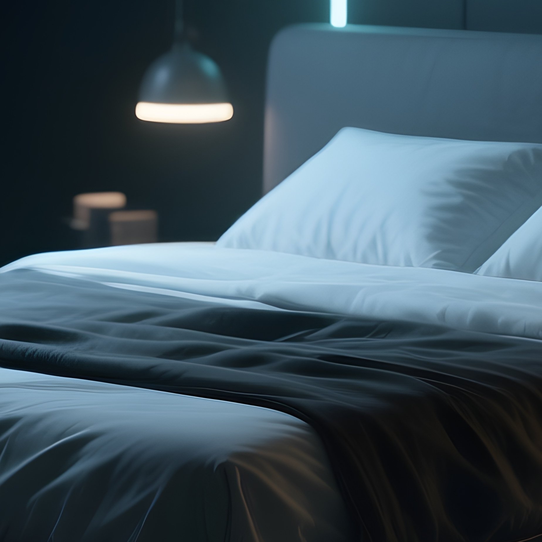 A Modern Floating Bed Frame Equipped With Under Bed Led Lighting, Creating A Futuristic Hovering Effect In A Dark Themed, Moody Bedroom. - Full Resolution Quality Preview