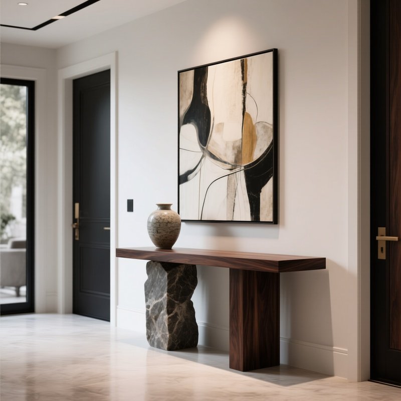 A Modern Foyer Displaying An Exclusive Console Table Made Of Dark Wood And Stone, Styled With A Ceramic Vase And Abstract Wall Art, Creating A Refined First Impression