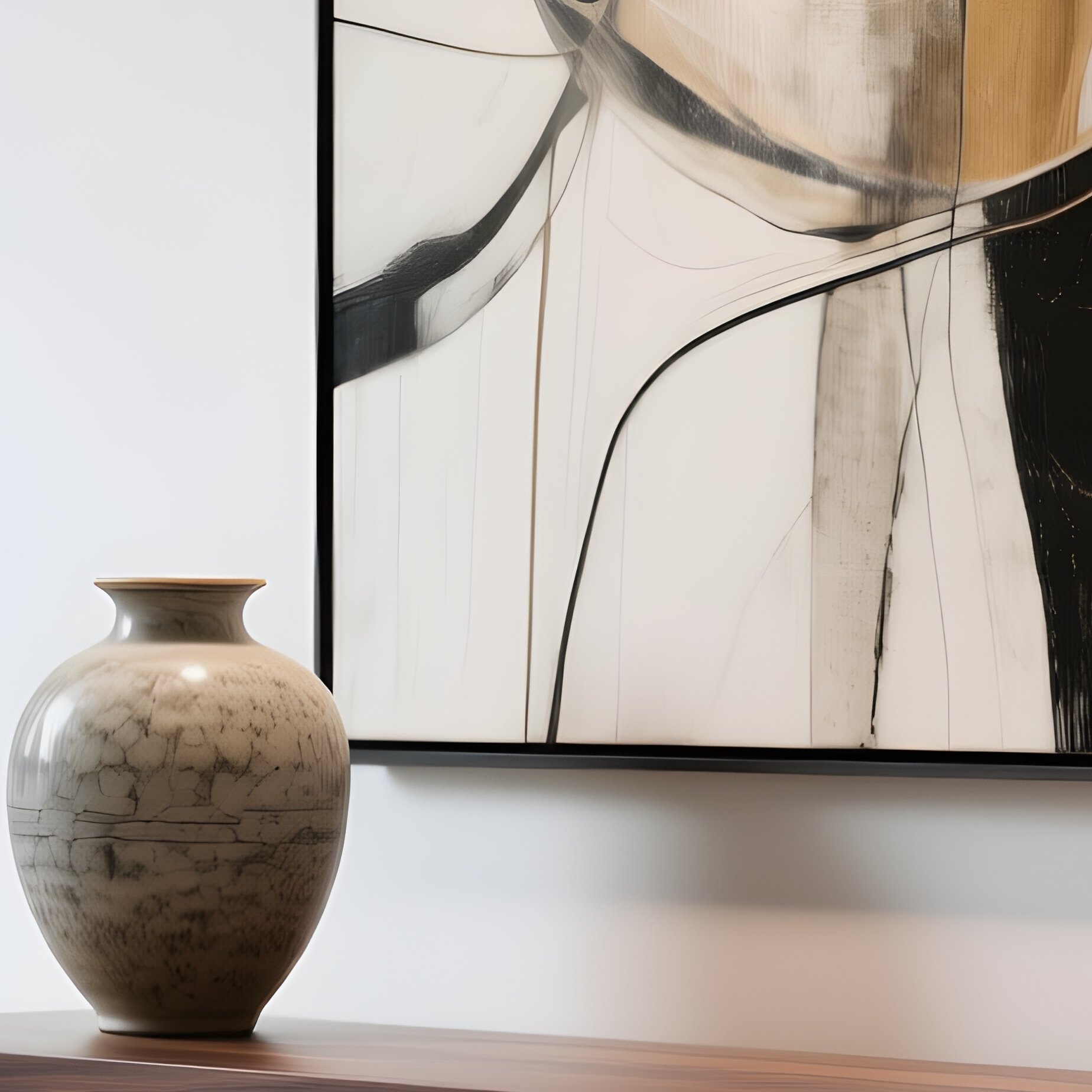 A Modern Foyer Displaying An Exclusive Console Table Made Of Dark Wood And Stone, Styled With A Ceramic Vase And Abstract Wall Art, Creating A Refined First Impression - Full Resolution Quality Preview