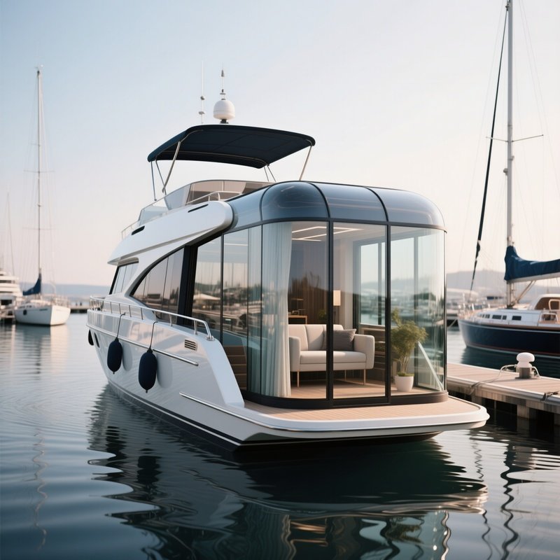 A Modern Glass Cabin Yacht Turning Slowly Inside A Marina