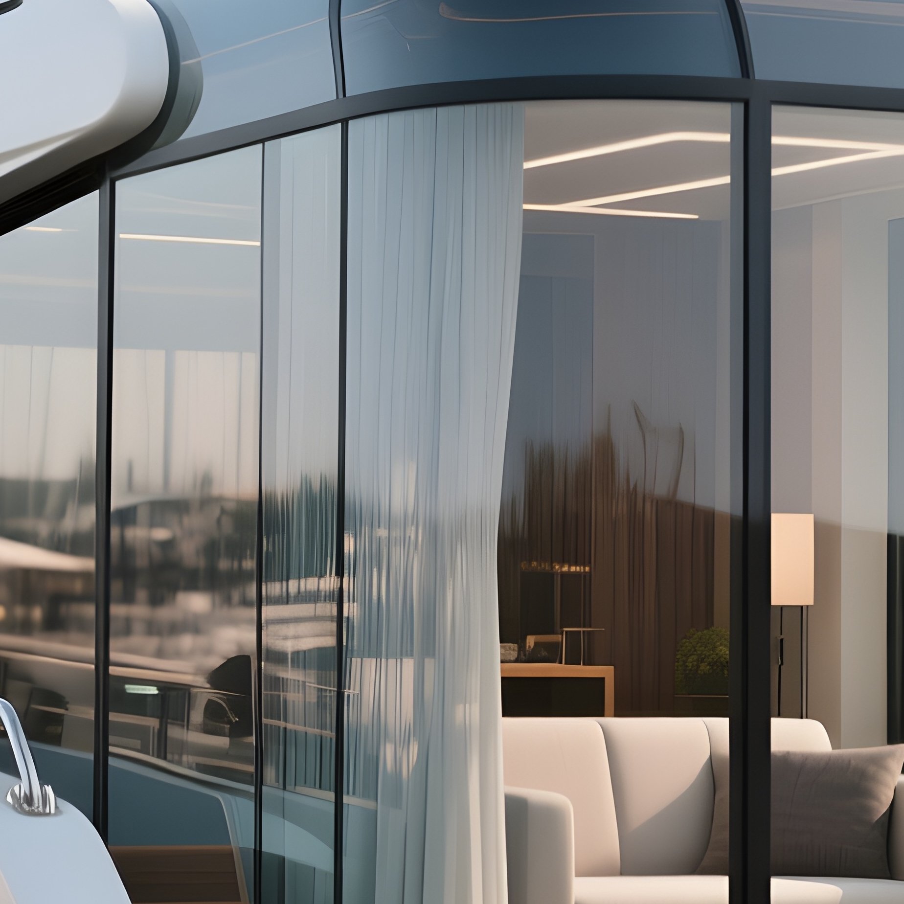A Modern Glass Cabin Yacht Turning Slowly Inside A Marina - Full Resolution Quality Preview