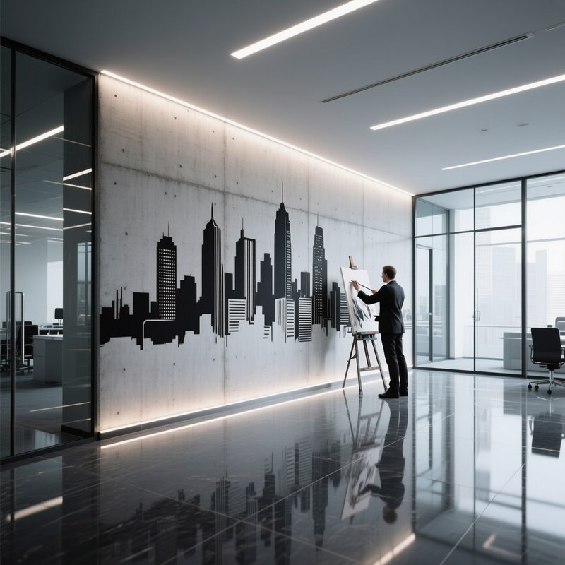 A Modern Glass Office Lobby With Reflective Floors, An Artist Creates A Sleek Monochrome Fresco Of