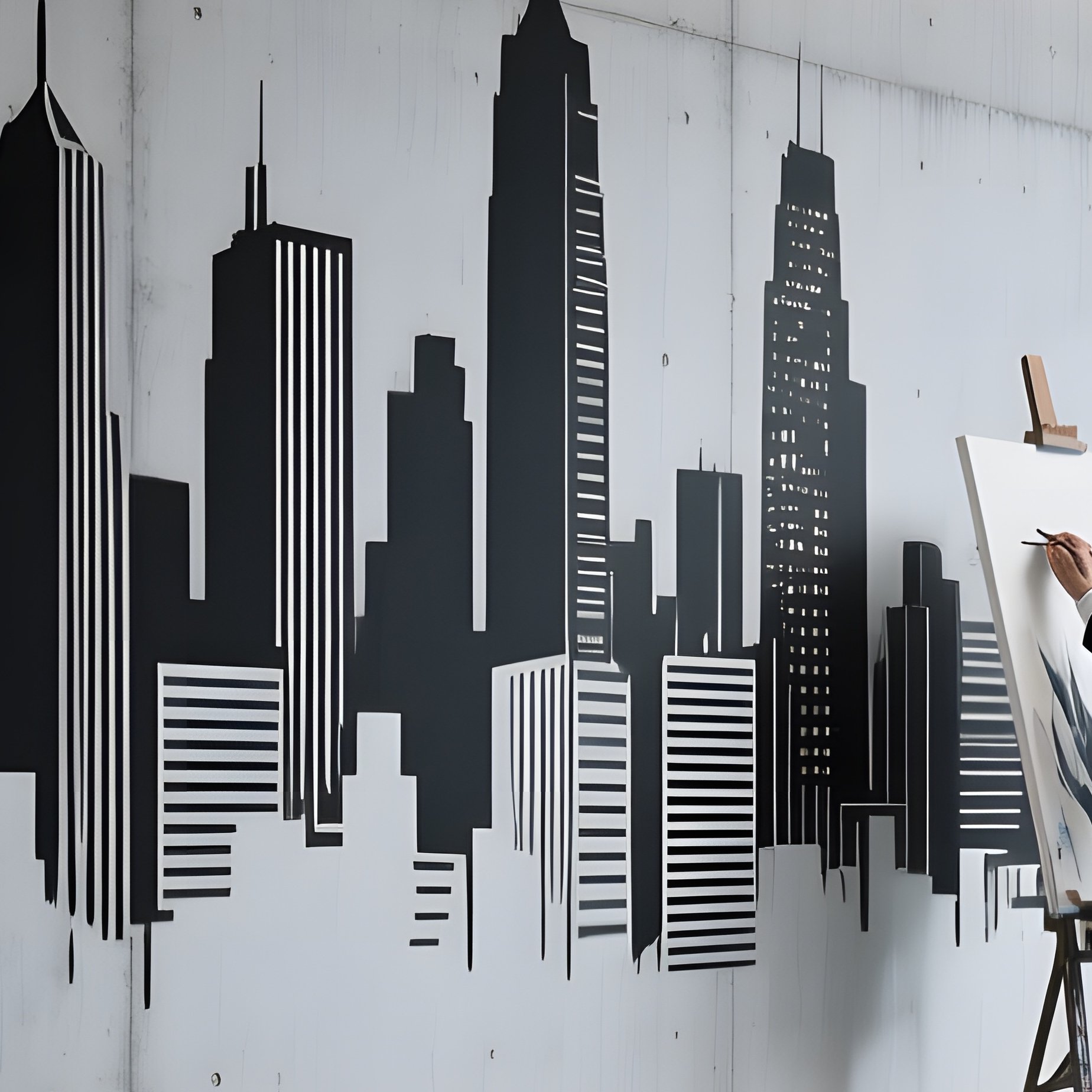 A Modern Glass Office Lobby With Reflective Floors, An Artist Creates A Sleek Monochrome Fresco Of - Full Resolution Quality Preview