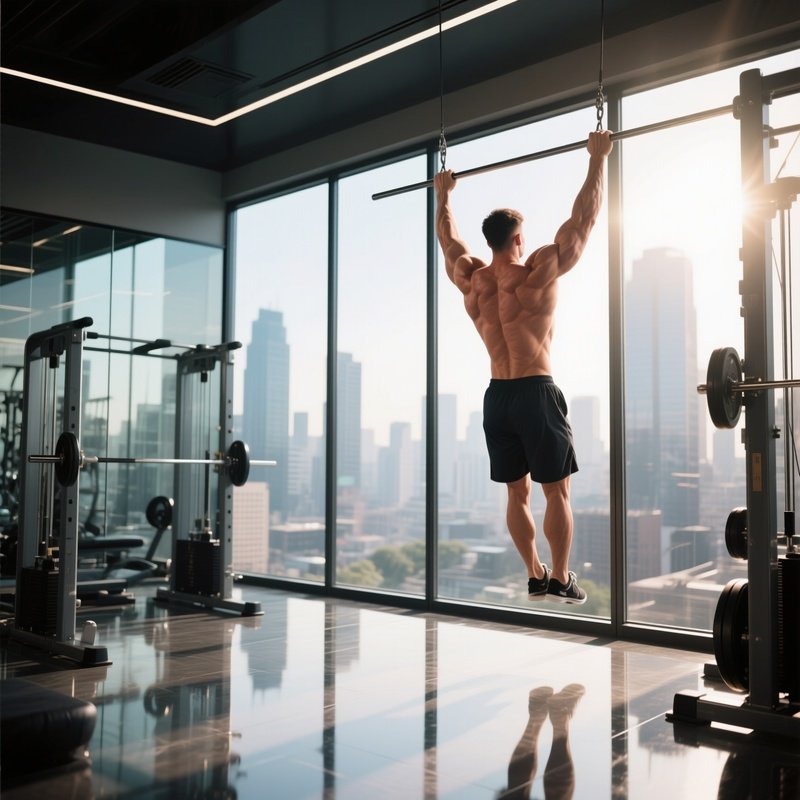 A Modern Gym With Glass Walls Overlooking Cityscape, A Muscular Male Doing Pull‑Ups, Sunlight