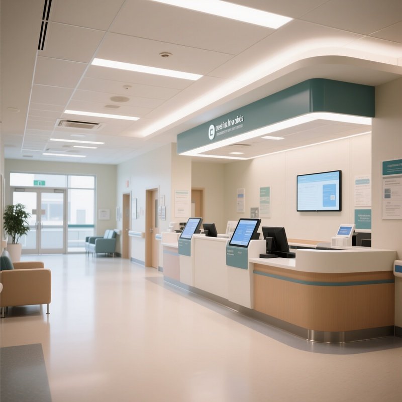 A Modern Hospital Lobby With Bright Lighting And A Digital Check In Station