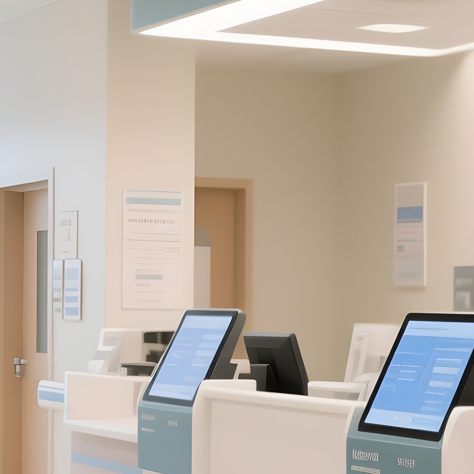 A Modern Hospital Lobby With Bright Lighting And A Digital Check In Station - Full Resolution Quality Preview