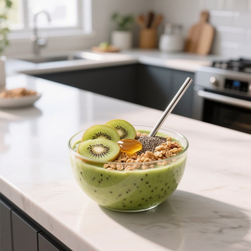 A Modern Kitchen Counter Under Bright Daylight, Showcasing A Vibrant Smoothie Bowl Topped With