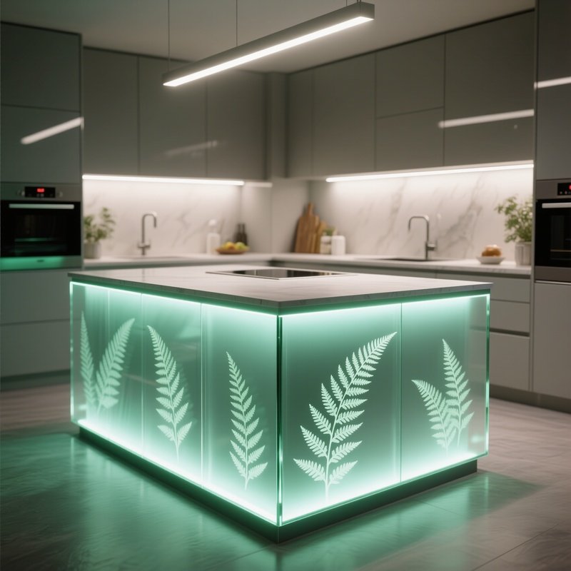 A Modern Kitchen Island Illuminated By Recessed Led Strips Behind A Thin Sheet Of Clear Glass