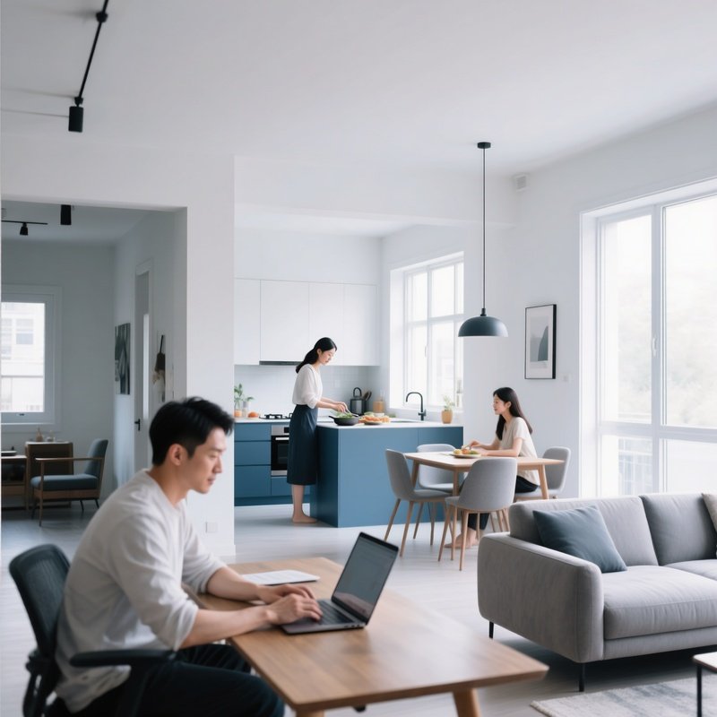 A Modern Living Space With People Engaged In Various Activities