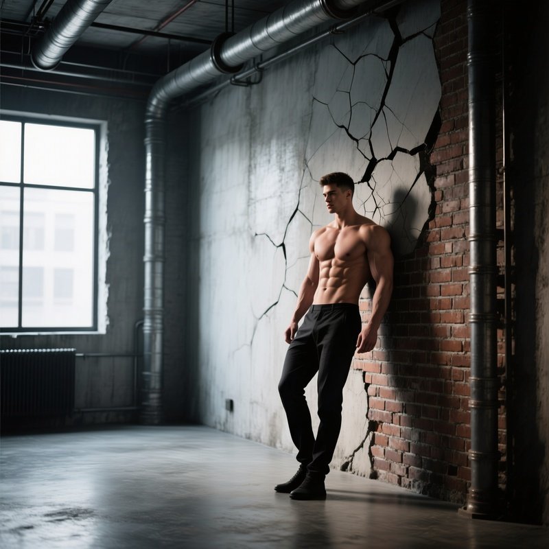 A Modern Loft With Concrete Floors And Industrial Pipes, A Muscular Male Torso Posed Against A
