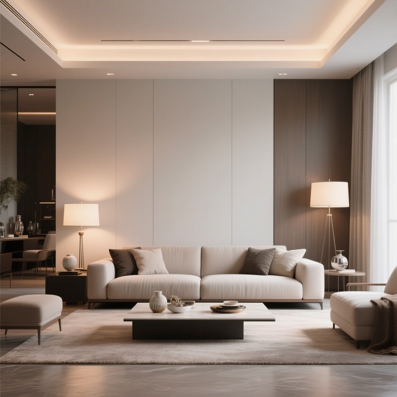 A Modern Lounge Featuring A Low Profile Sofa, Soft Lighting, And Carefully Selected Accessories