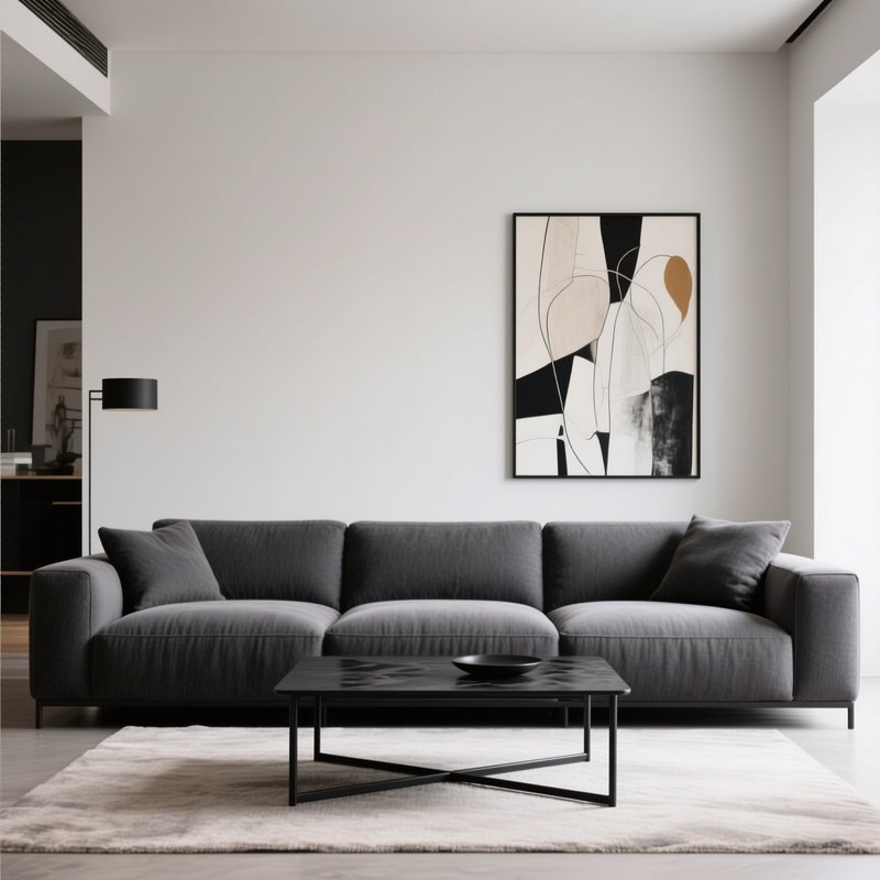 A Modern Lounge With A Low, Wide Sectional Sofa In Charcoal Fabric, Complemented By A Blackened Steel Coffee Table And Abstract Artwork