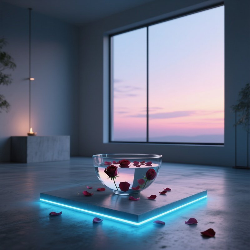 A Modern Minimalist Altar On A Concrete Floor At Twilight, Soft Blue Led Strips Outlining A Glass