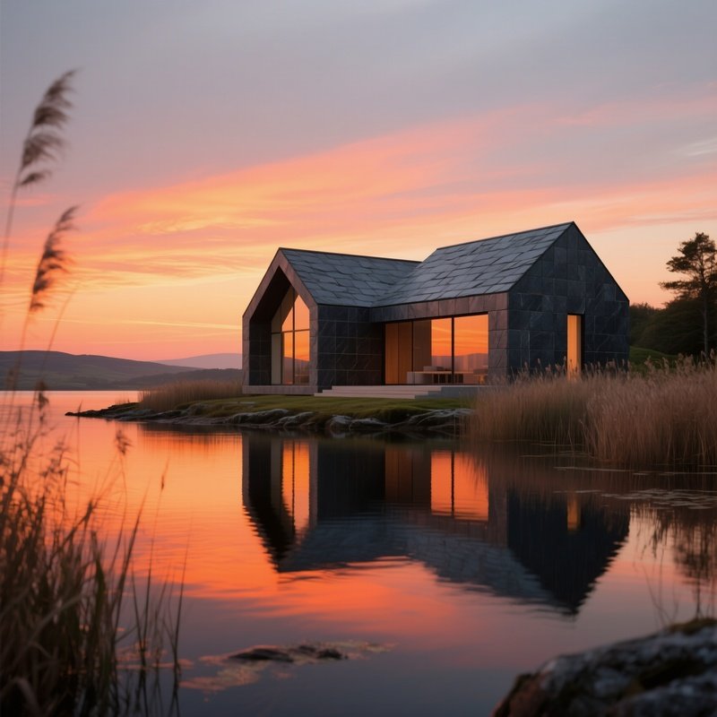 A Modern Minimalist Home Constructed From Polished Irish Slate Tiles Sits On A Lake Shore At Dusk,