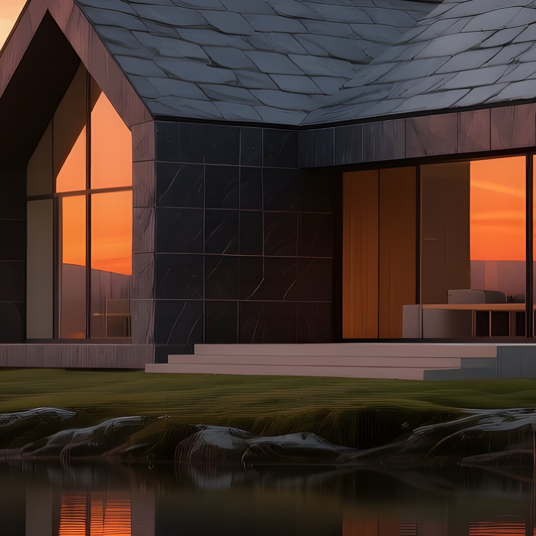 A Modern Minimalist Home Constructed From Polished Irish Slate Tiles Sits On A Lake Shore At Dusk, - Full Resolution Quality Preview