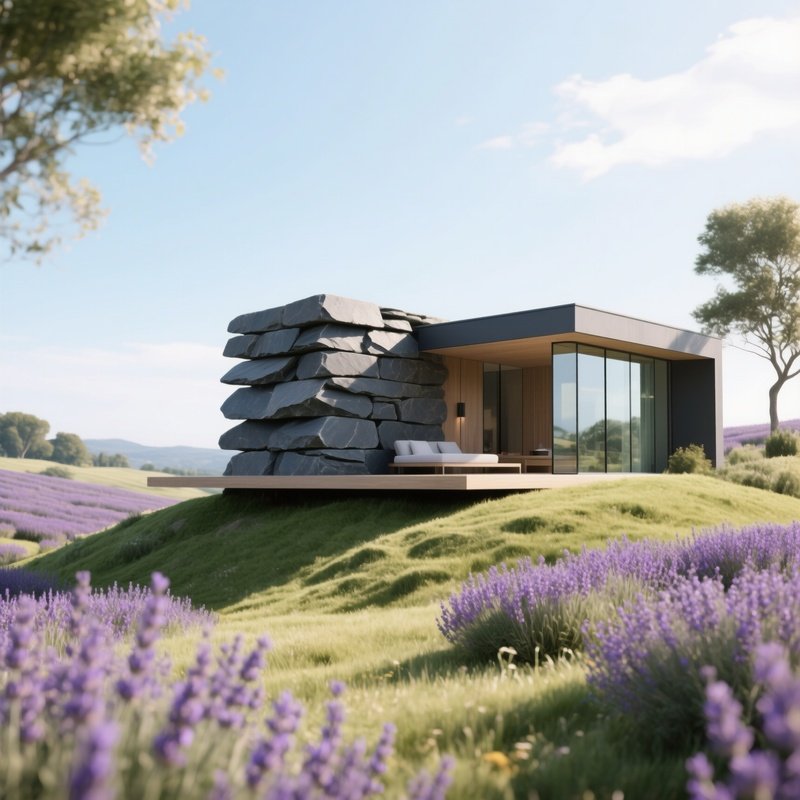 A Modern Minimalist Retreat Of Stacked Slate Slabs And Glass Walls Sits On A Grassy Knoll,